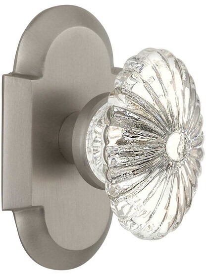 Arched Rosette Door Set with Oval Fluted-Crystal Glass Knobs in Satin Nickel.